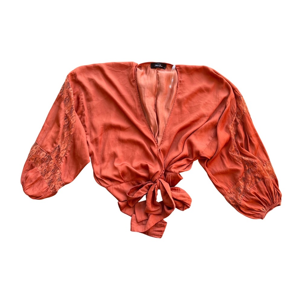 Anna‎ Grace Rust Orange Lace Sleeve Tie Front Crop Top Blouse Womens Small